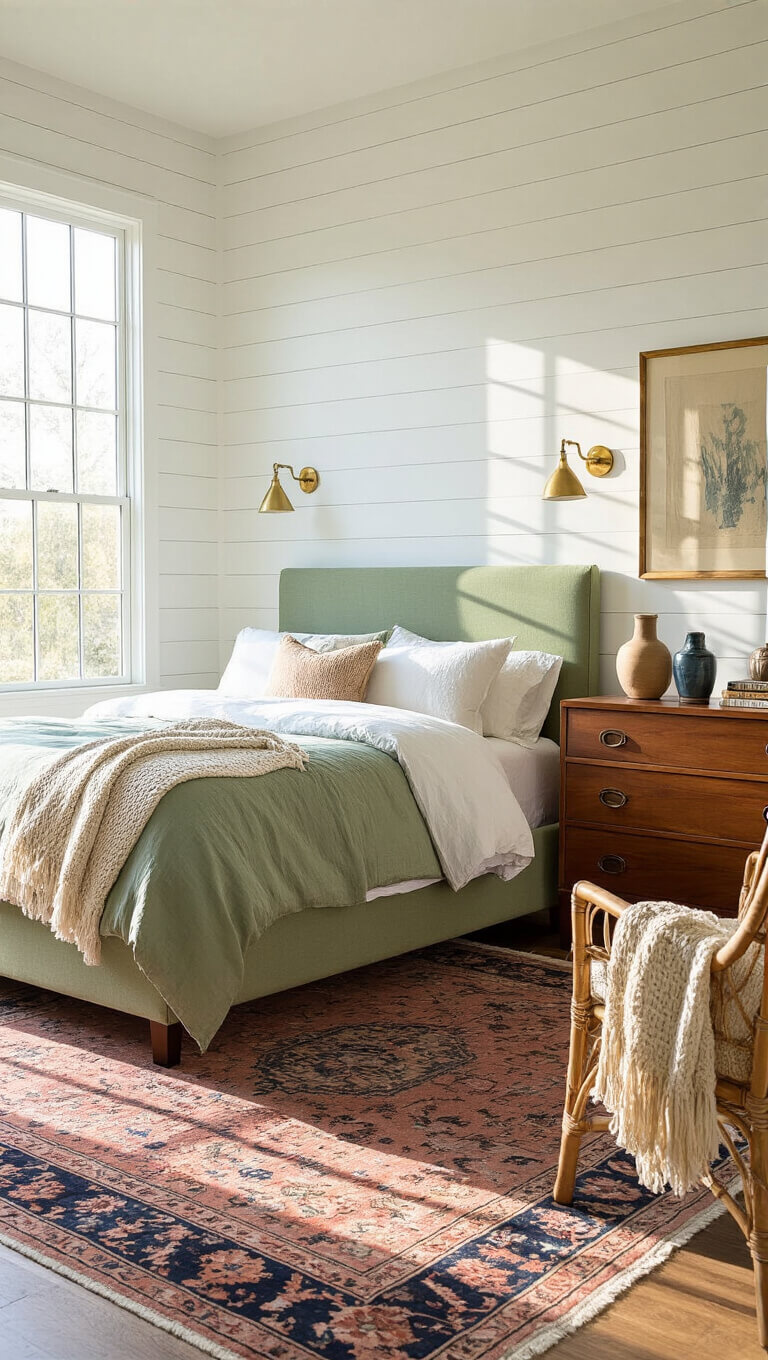 Cozy 14x16ft bedroom with sage green queen bed, vintage decor, and golden hour light through tall windows.