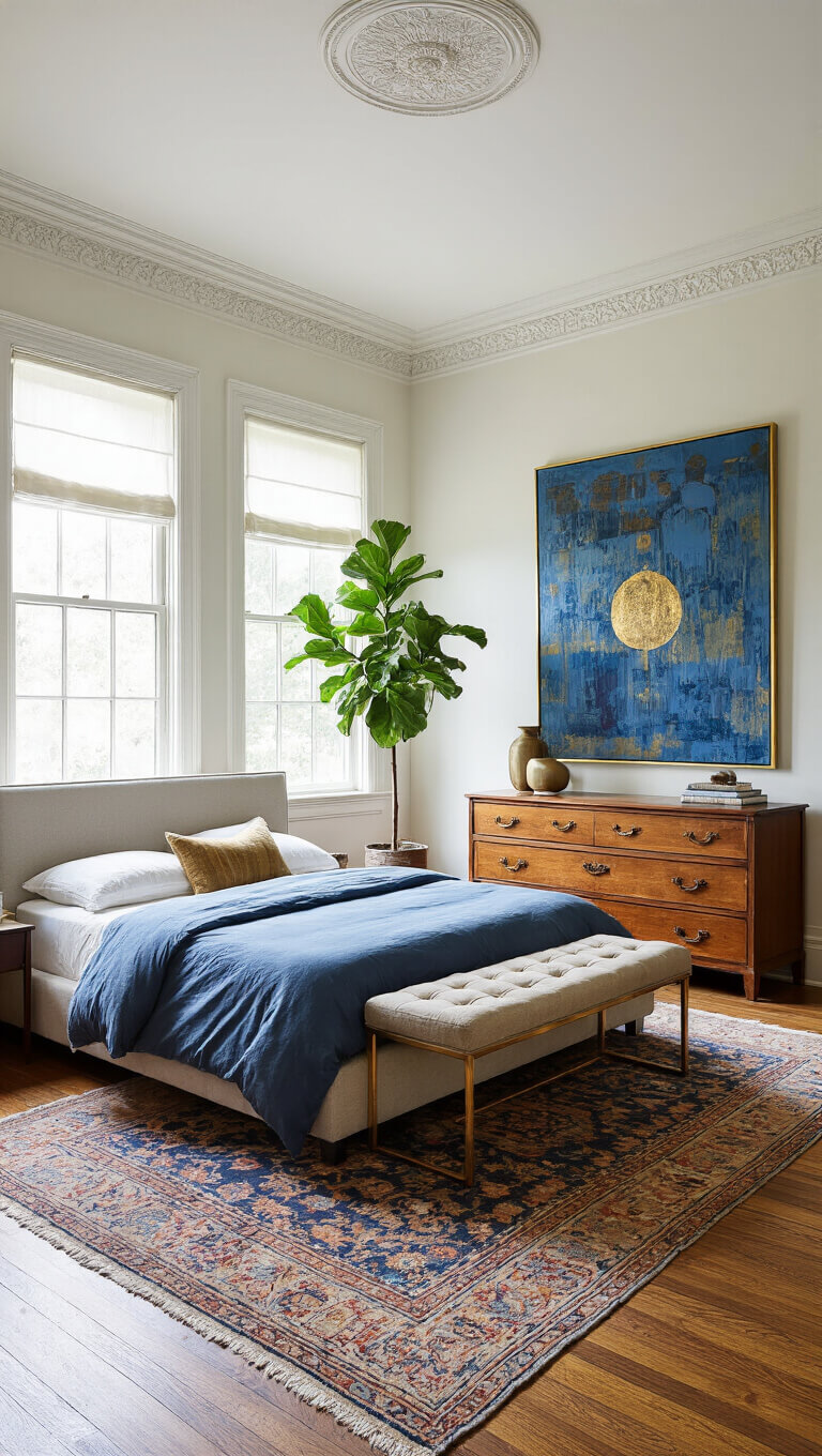 Sunlit 15x18ft master bedroom with crown molding, hardwood floors, modern platform bed, Victorian dresser, abstract blue and gold art, Moroccan and sisal rugs, fiddle leaf fig, and mixed metal accents.