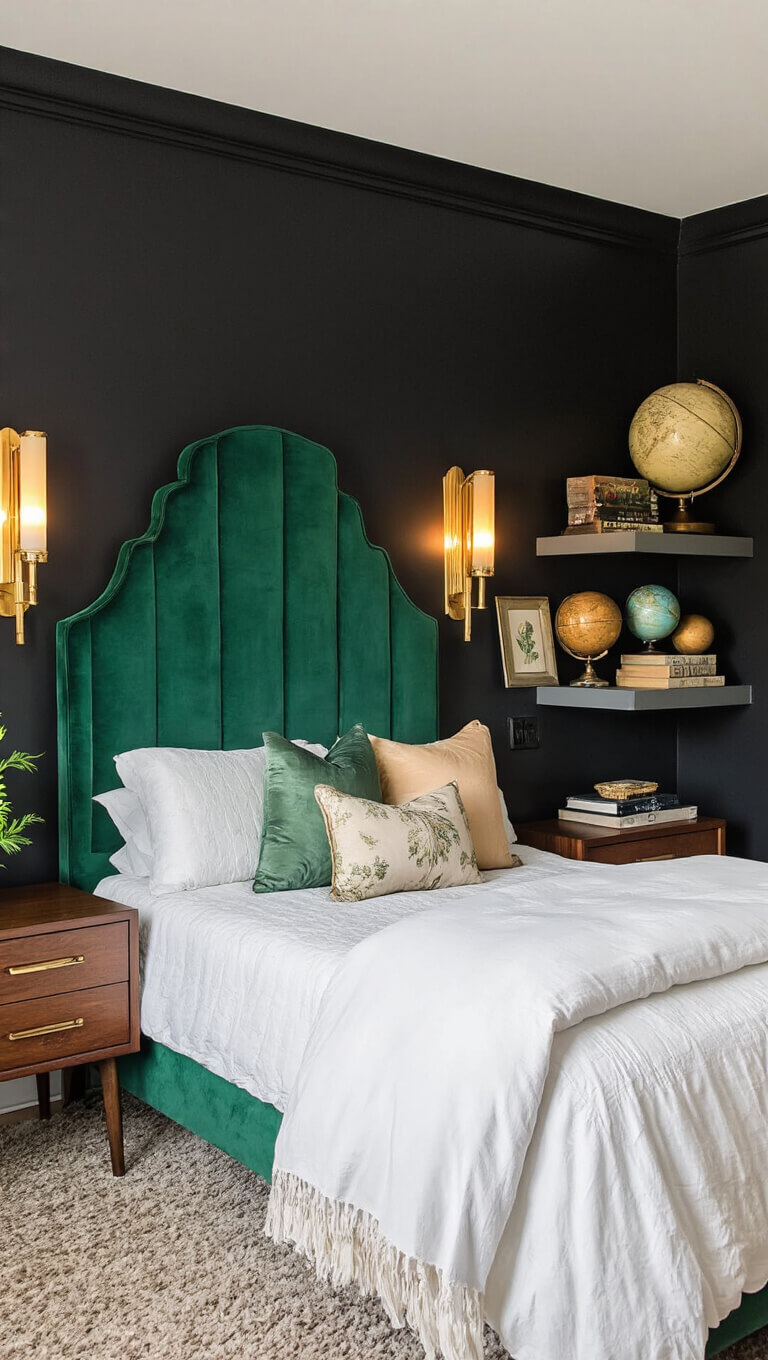 Moody 13x15ft bedroom with black accent wall, emerald velvet headboard, warm Art Deco sconces, vintage globes on shelves, mid-century marble nightstands, and textured white bedding with silk pillows.