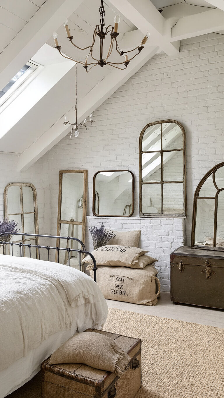 Bright attic bedroom with exposed beams, vintage mirrors on white brick wall, iron bed with neutral bedding, weathered trunk, and dried lavender in natural afternoon light.