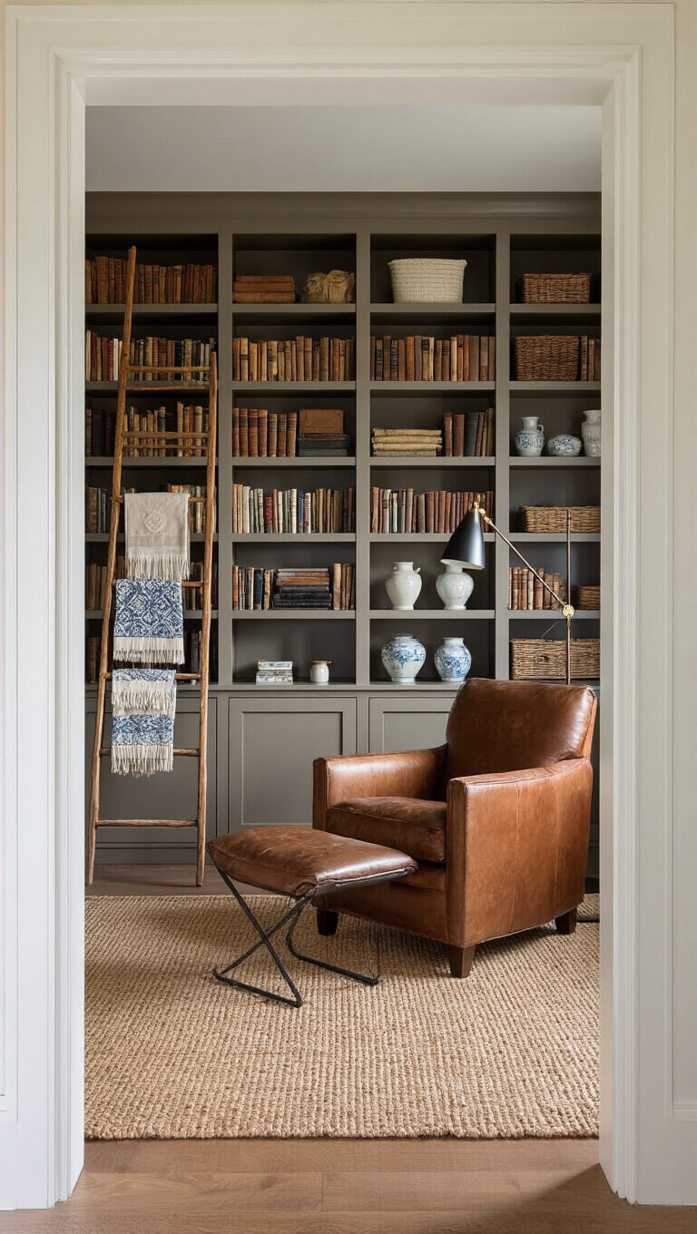 Early morning light floods a cozy 14x16ft bedroom with floor-to-ceiling bookshelves, leather reading chair, vintage ladder with textiles, natural fiber rug, antique writing desk nightstand, and floating shelves displaying porcelain.