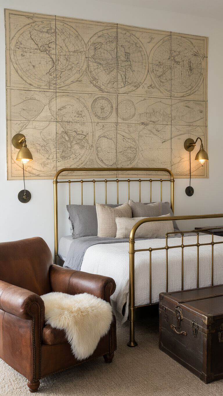 Warmly lit bedroom with brass bed, vintage map wall, leather chair, and antique trunk table.