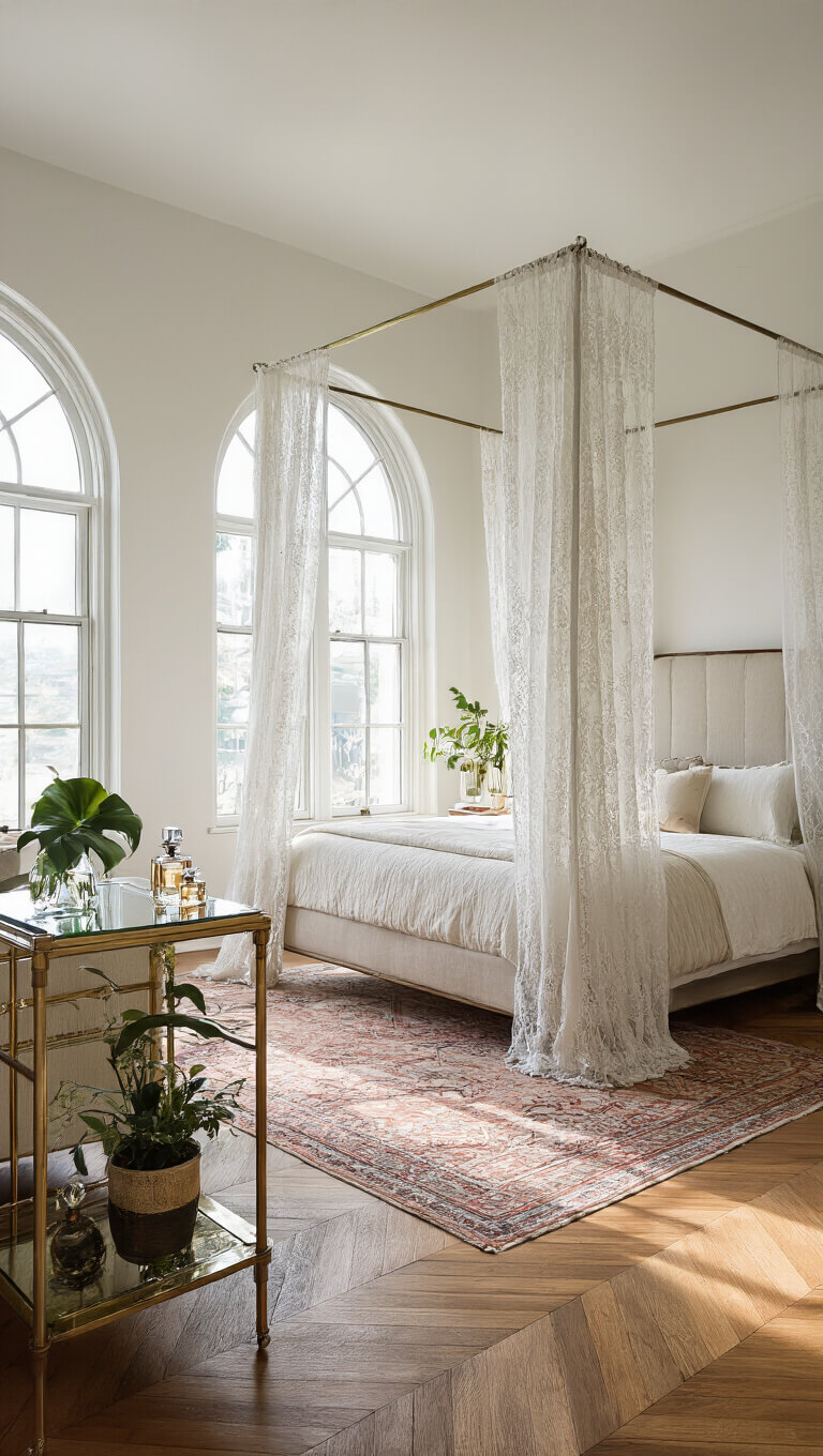 Bedroom with morning light through arched windows, modern canopy bed with lace drapes, art deco vanity, herringbone wood floors, vintage rugs, and brass étagère with plants.