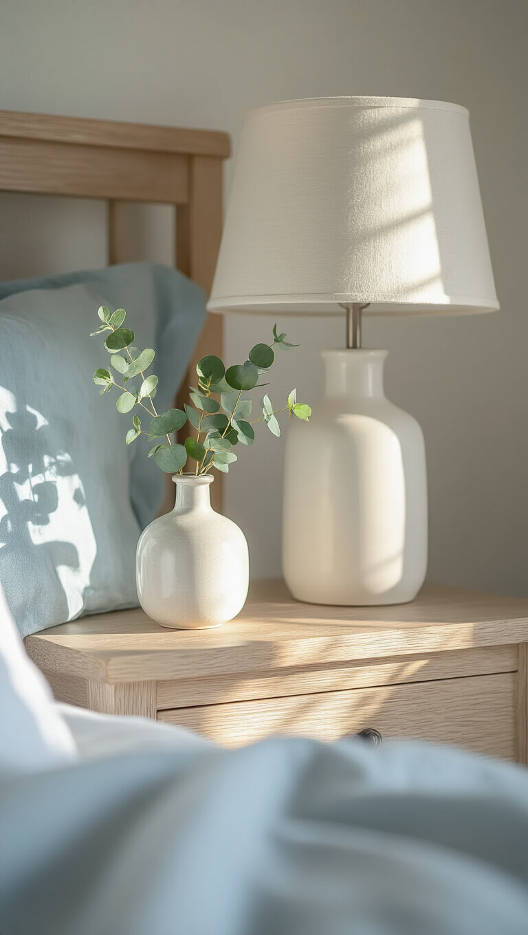 Close-up of bedside with white ceramic lamp, eucalyptus sprig in glass vase on oak nightstand, and soft white and blue bedding in morning light.