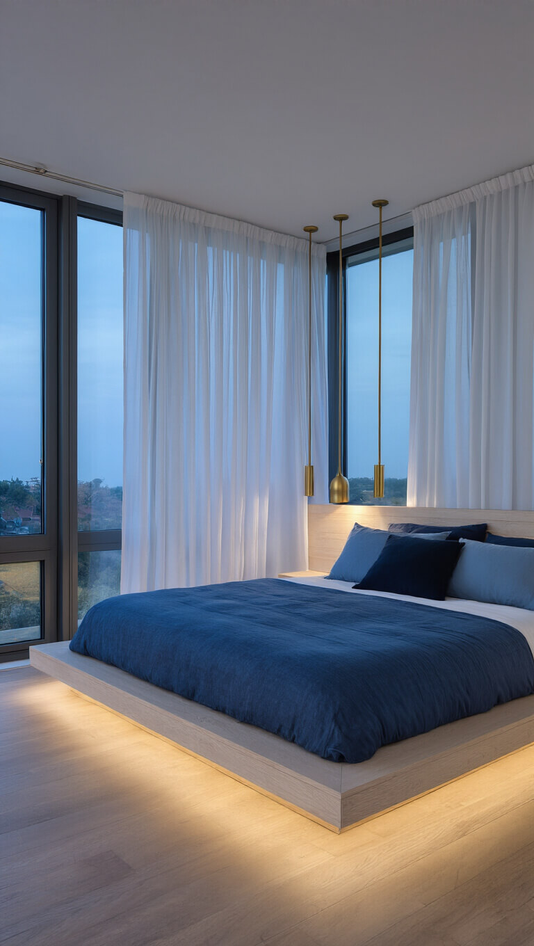 Wide-angle view of a serene bedroom at dusk with floor-to-ceiling windows, sheer white drapes, a whitewashed oak platform bed, blue gradient pillows, and warm brass sconces.