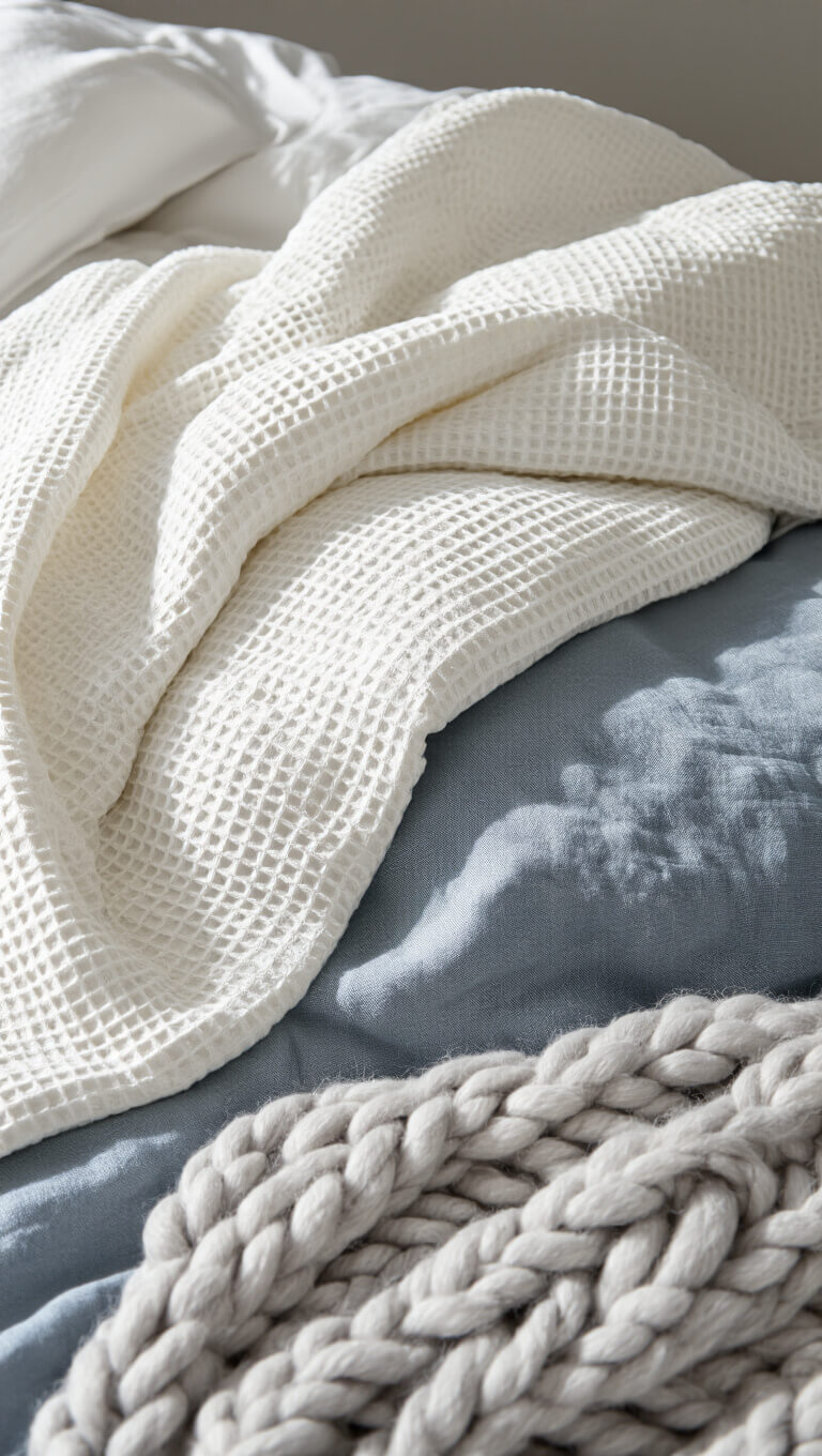 Close-up of layered bedding textures including white waffle-weave blanket, steel blue linen duvet, and pale grey chunky knit throw in soft morning light.