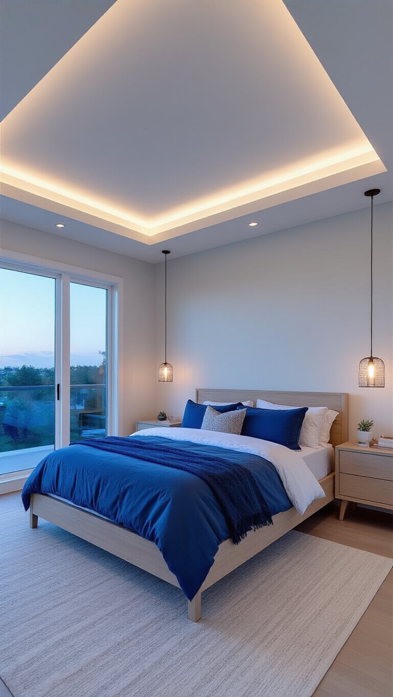 Modern master bedroom suite at twilight with 12ft tray ceiling, hidden LED lighting, minimalist pendant lights, and a low bleached oak bed in monochromatic blue bedding.