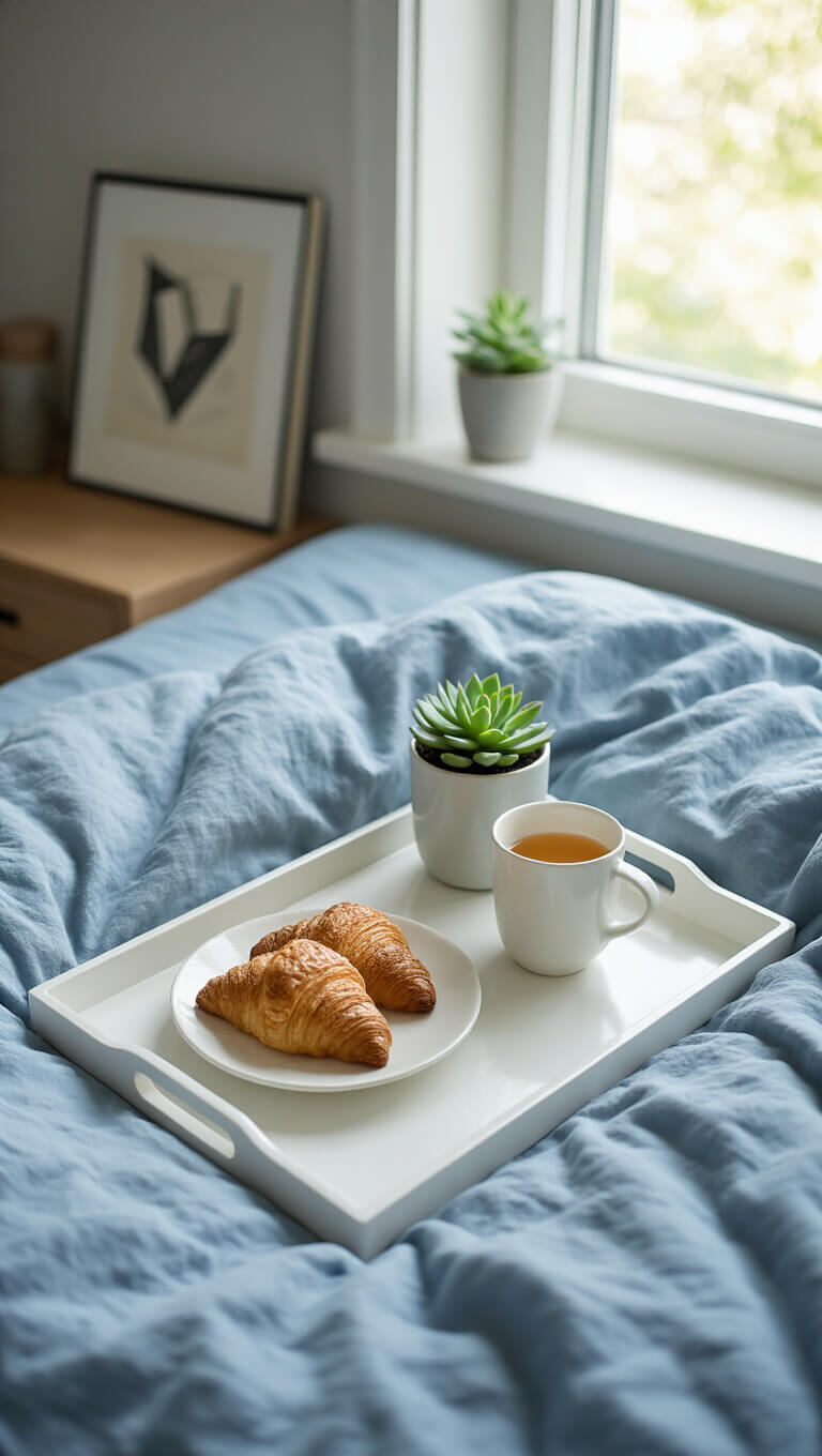 Overhead view of breakfast in bed on rumpled blue linen, with white tray holding a succulent and art book in soft natural light.