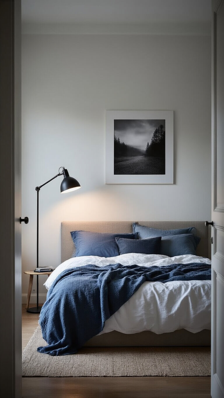 Moody evening bedroom with modern floor lamp, layered blue bedding on white sheets, and large black and white photo above headboard.