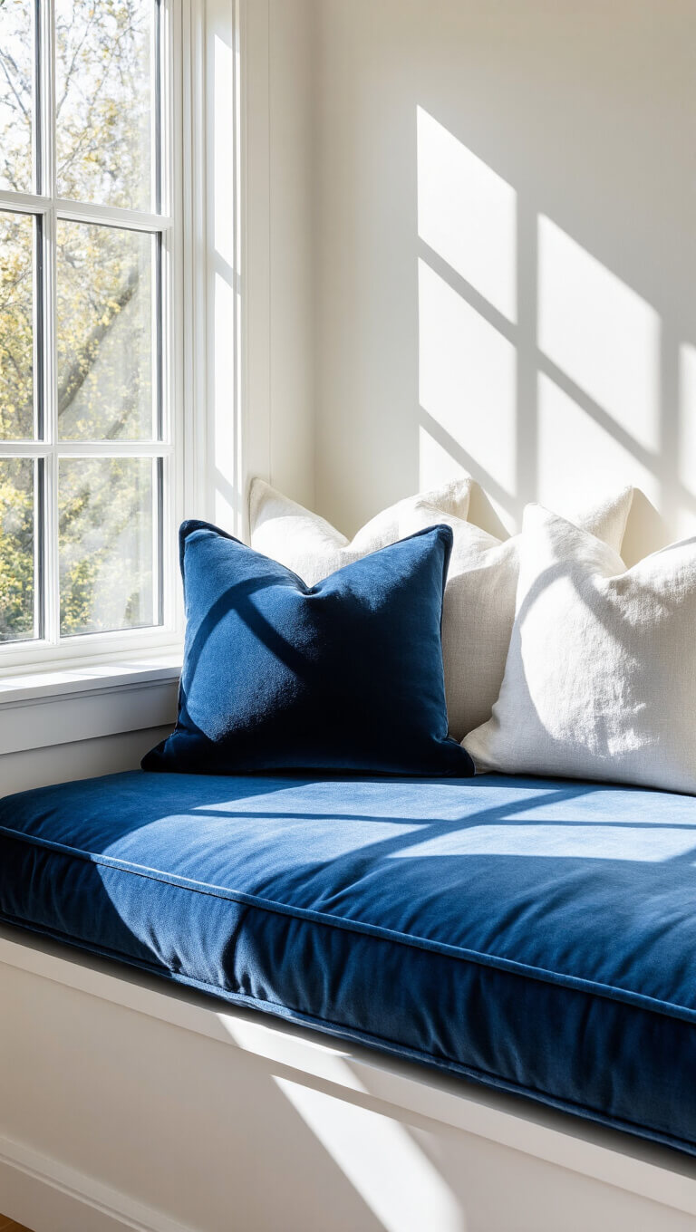 Close-up of window nook with blue velvet bench cushions and white pillows, morning light casting geometric shadows through window frame.