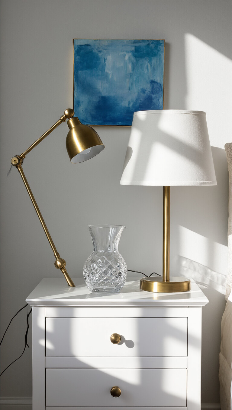 Modern bedside vignette with brass lamp, white nightstand, blue abstract painting, and crystal water carafe in morning light.