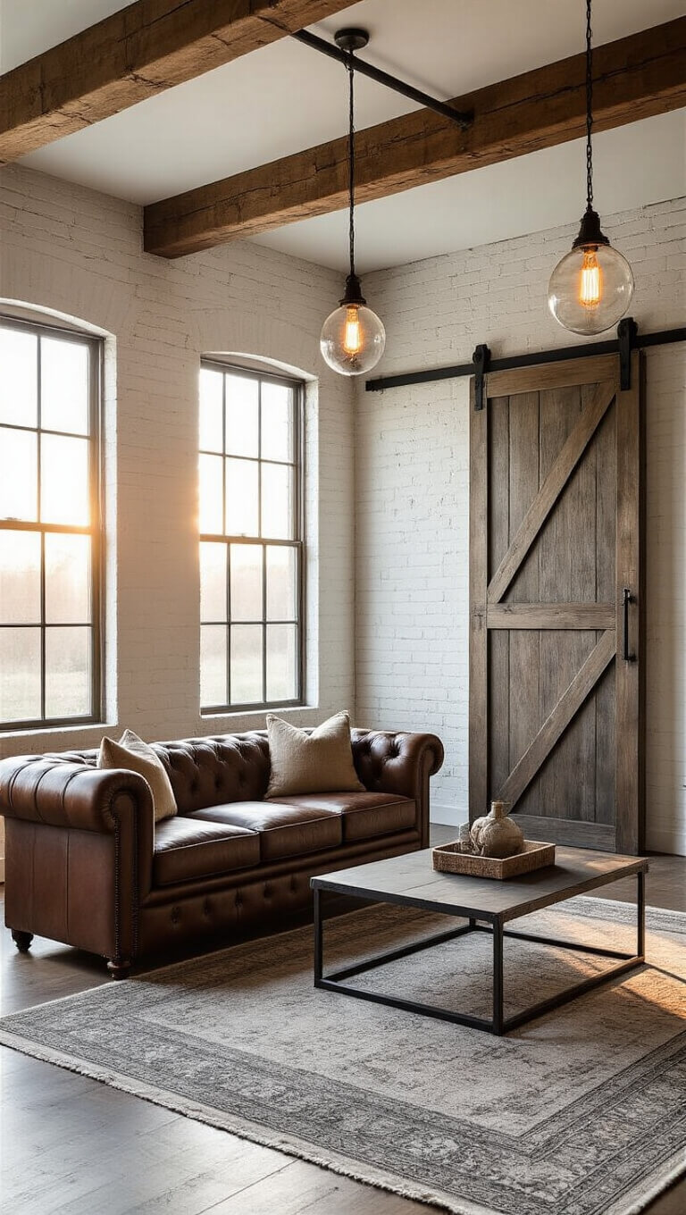 Open-concept living room bathed in golden hour light, featuring a distressed leather Chesterfield sofa, raw steel coffee table, whitewashed brick wall, sliding barn door, exposed wooden beams, and vintage industrial lighting.