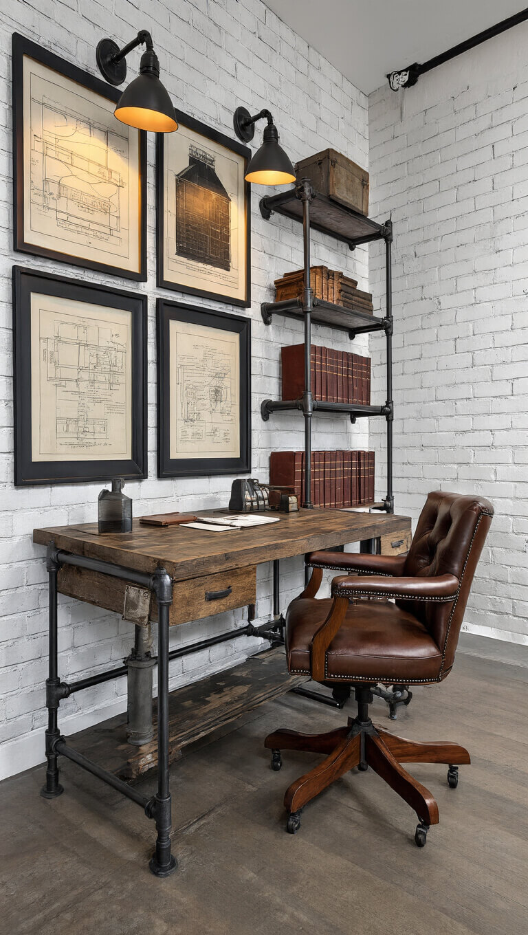 Moody evening home office with industrial lighting, reclaimed cart desk, leather chair, and vintage decor against textured white brick wall.