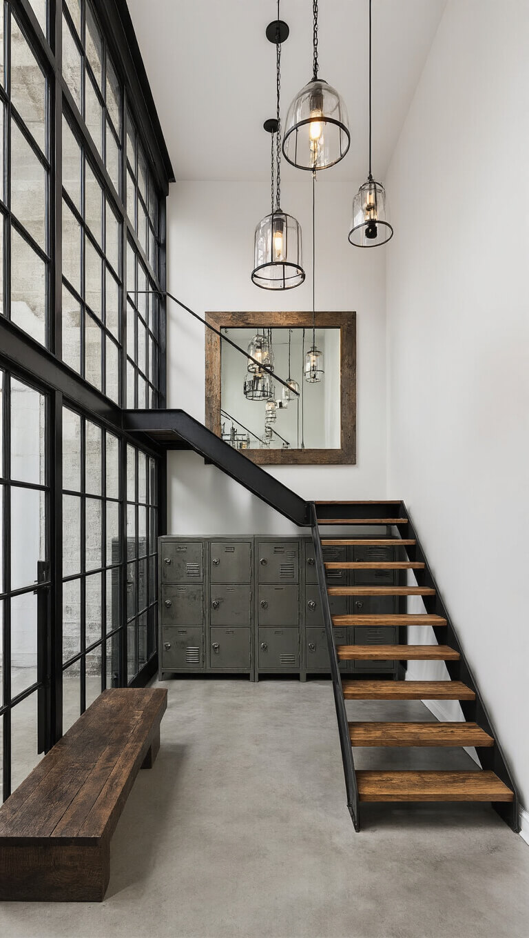Upward view of a sunlit entryway with 15ft ceilings, black steel staircase with reclaimed wood treads, industrial mirror, vintage lockers, concrete floors, and cascading metal and glass pendant lights.