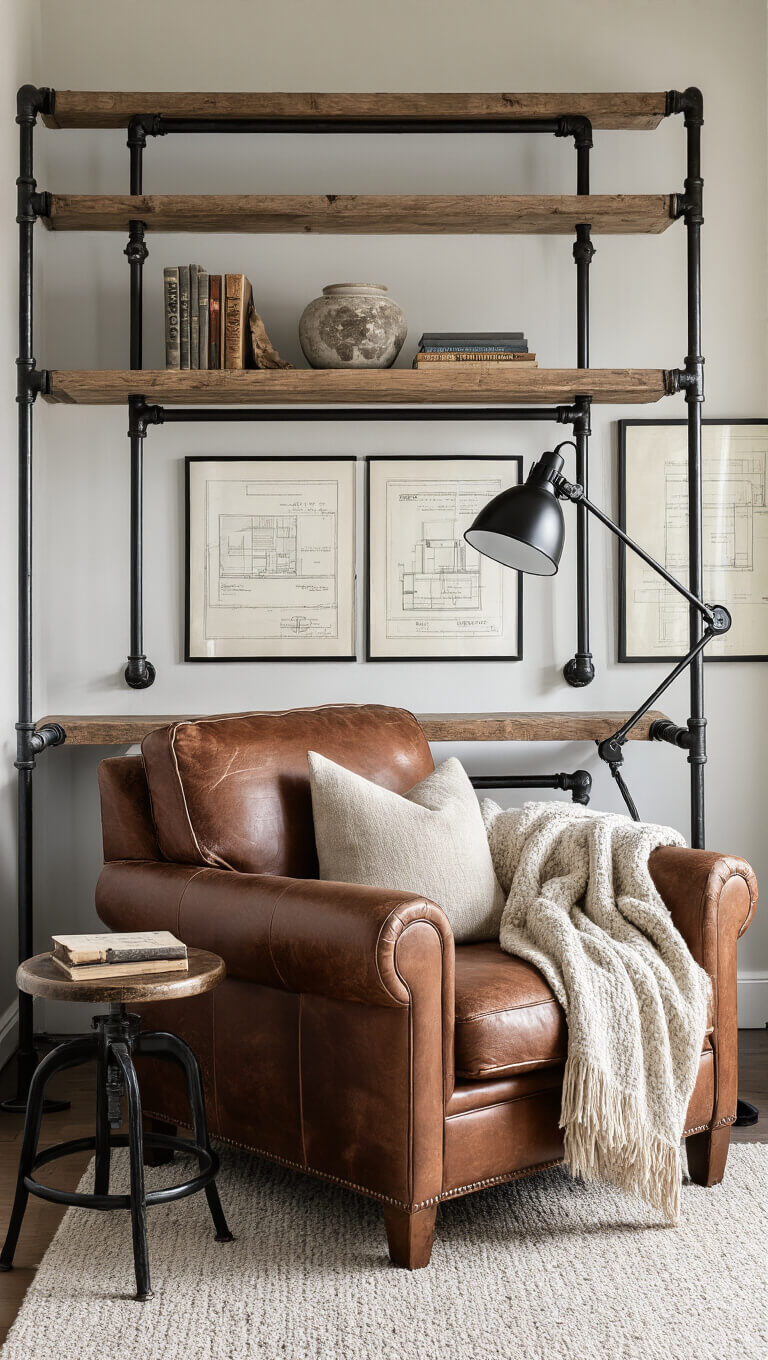 Cozy reading nook with leather armchair, pipe bookshelf, vintage stool, and framed blueprints illuminated by afternoon light.