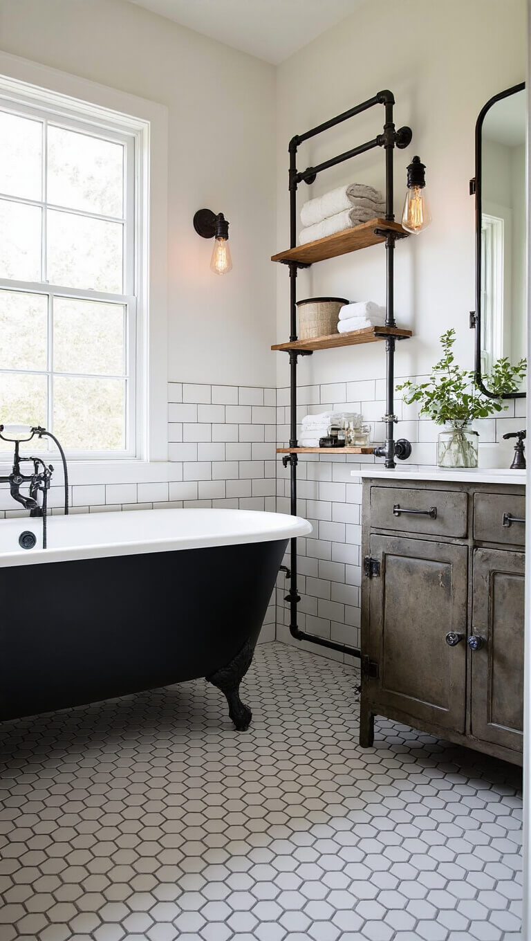 Modern farmhouse bathroom with matte black clawfoot tub, industrial pipe towel racks, hexagon white and gray floor tiles, vintage apothecary cabinet, metal-framed mirror, and Edison bulb sconces, viewed through doorway in morning light.