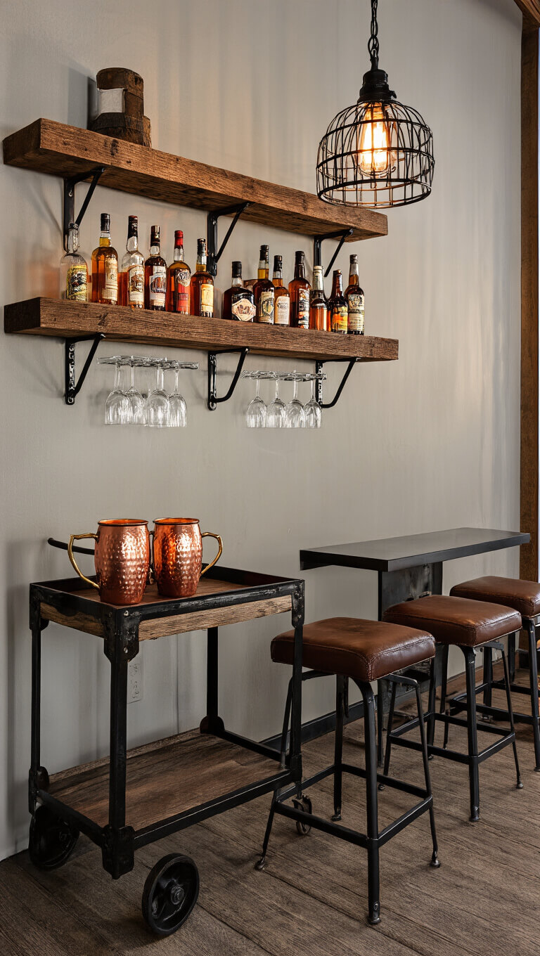 Rustic home bar corner at twilight with reclaimed wood shelves, industrial bar cart, vintage stools, and copper mugs under a black metal pendant light.