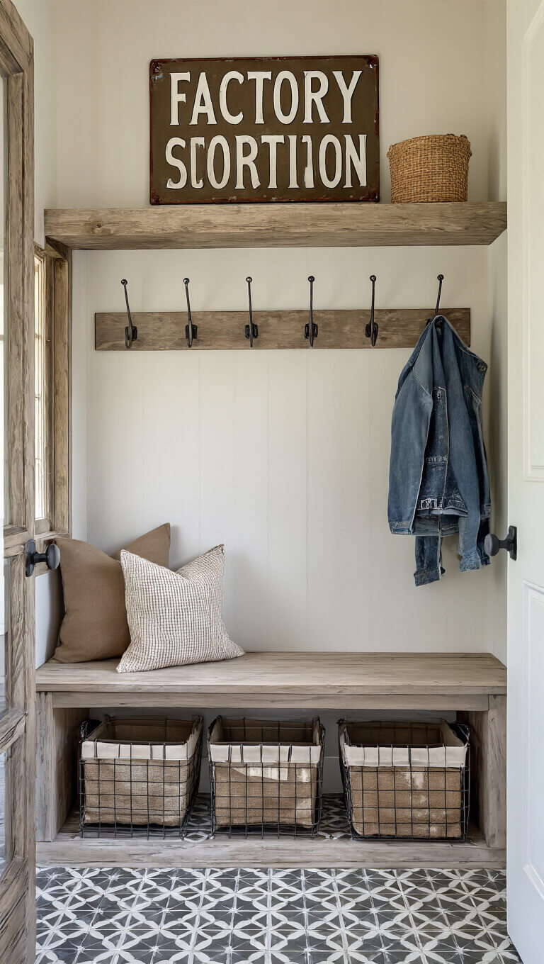Farmhouse mudroom with built-in bench, industrial hooks on aged wood, wire baskets, vintage sign, and geometric cement tile floor.
