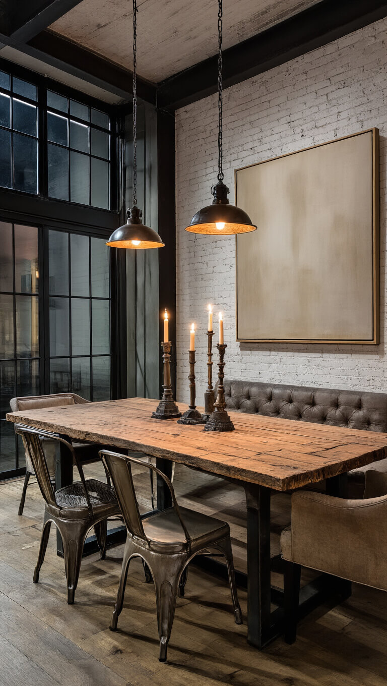 Dramatic nighttime dining room with salvaged wood table, vintage pendant lights, mixed industrial and upholstered chairs, black steel windows, abstract canvas, and iron candle holders.