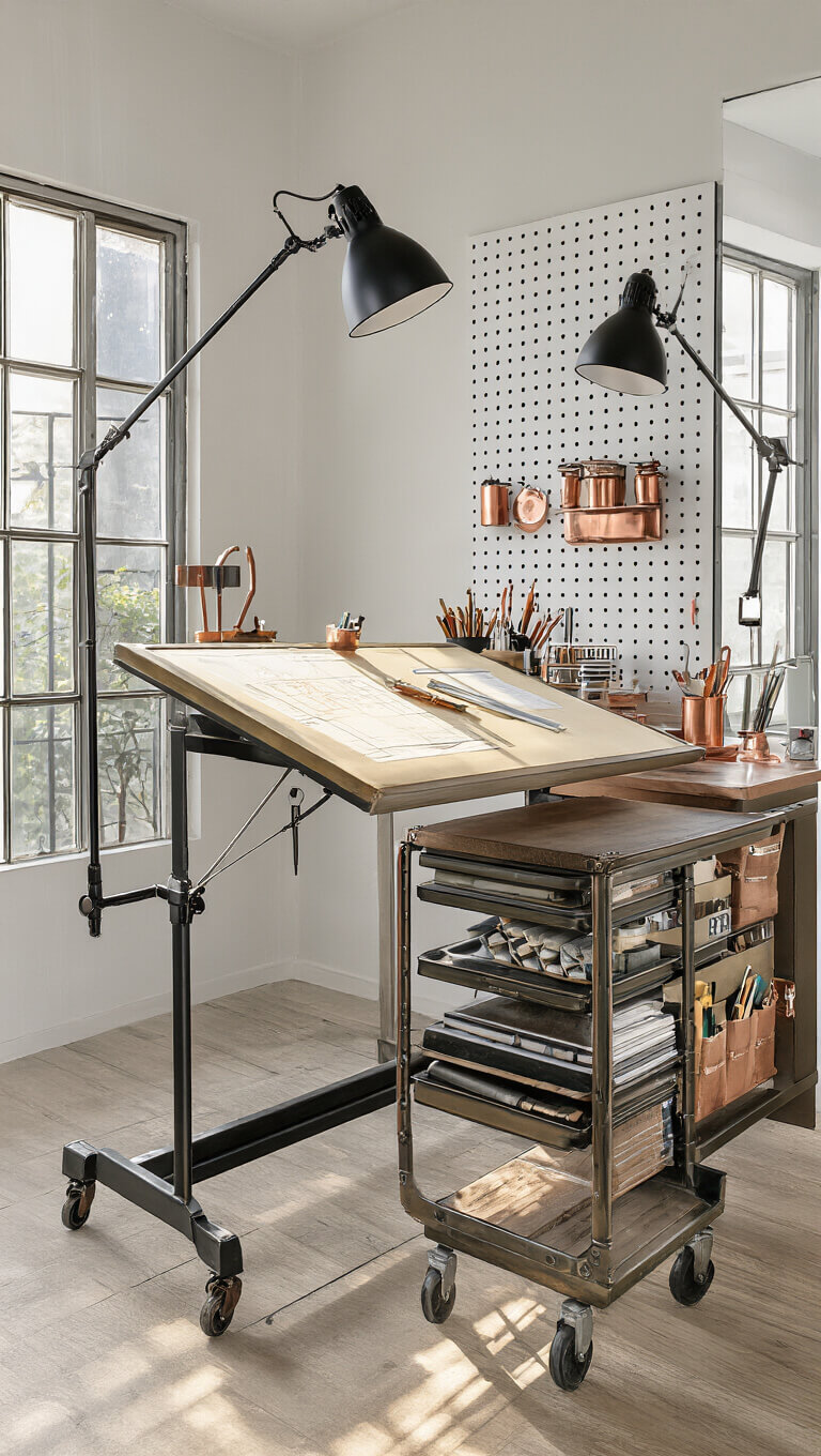 Sunlit industrial-style craft room with vintage drafting table, organized metal rolling cart, pegboard with copper tools, and factory windows filtering afternoon light, viewed from above.