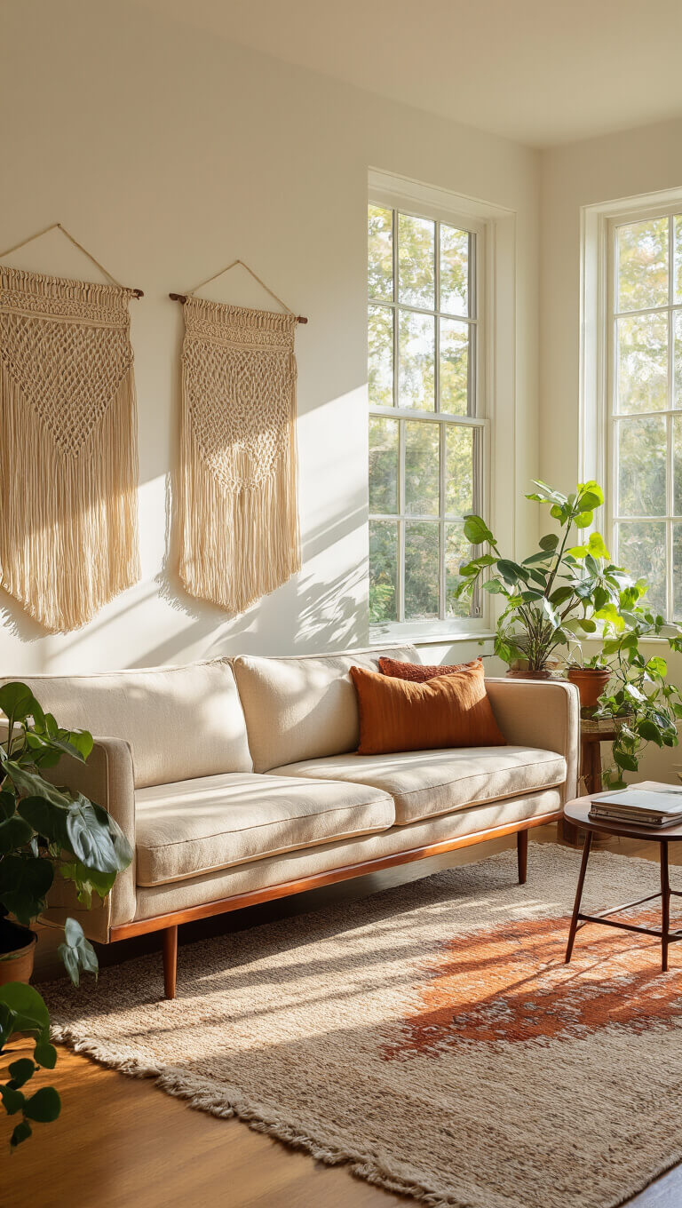 Sunlit living room with walnut mid-century modern sofa, vintage Moroccan rug, macramé wall hangings, and pothos plants in golden afternoon light.