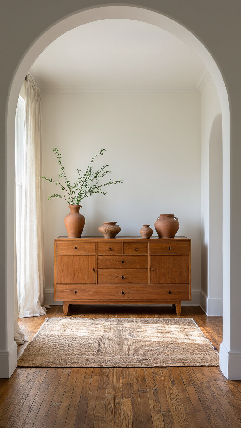 Cozy living space with teak credenza, ceramic vessels, and layered rugs in soft morning light.