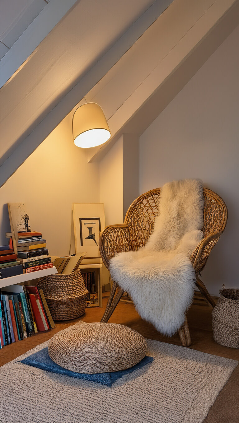 Cozy reading nook in small room with pitched ceiling, warm lighting, rattan chair with sheepskin, vintage books, woven baskets, and geometric floor cushions.