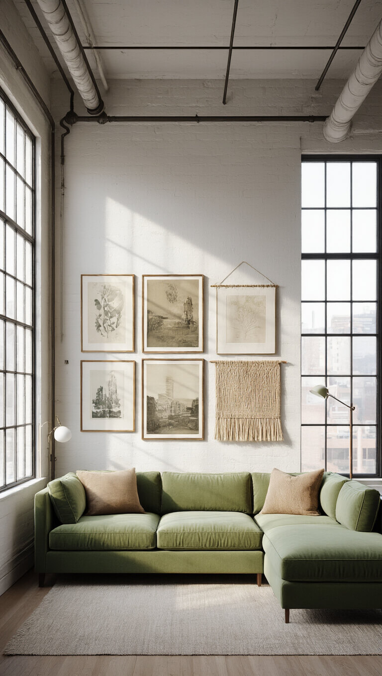 Compact urban living room with industrial windows, exposed pipes, and sage green mid-century modern sectional under a gallery wall of vintage prints and woven hangings.