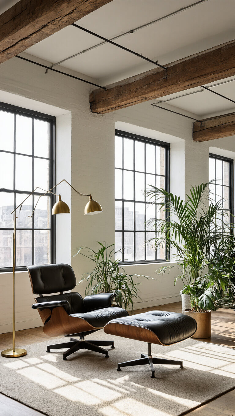 Loft with high ceilings, wooden beams, leather Eames chair, potted palms, and afternoon light through steel windows.