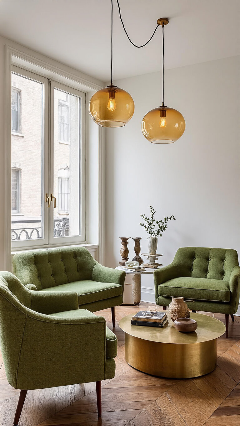 Intimate 16x18 ft conversation space with herringbone floors, moss green MCM chairs, brass coffee table, and amber pendant lighting in soft evening glow.
