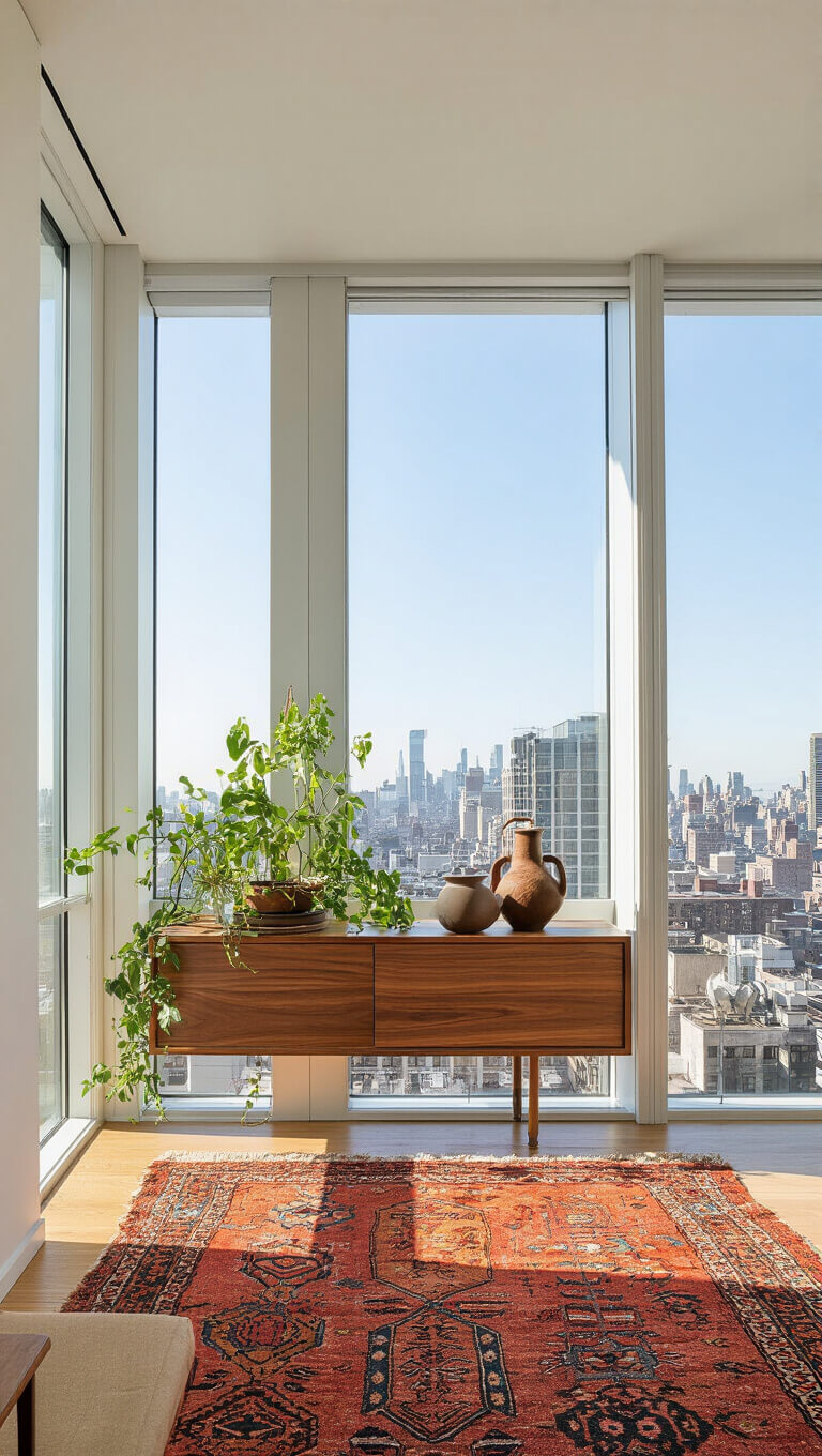 Bright urban corner with floor-to-ceiling windows, walnut floating credenza, ceramic decor, trailing plants, and a vintage Moroccan rug.