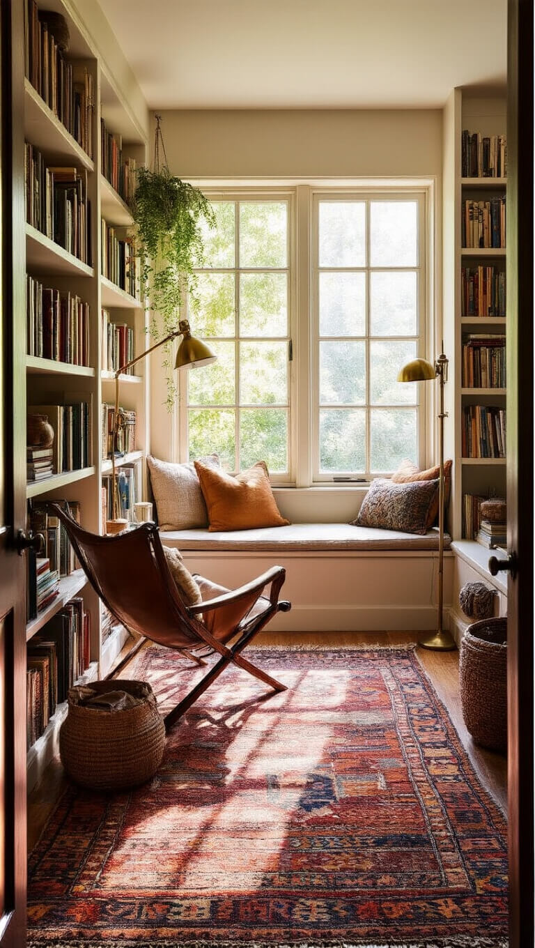 Bohemian reading room with built-in bookshelves, window seat, Turkish rugs, leather sling chair, and warm sunlight casting shadows.