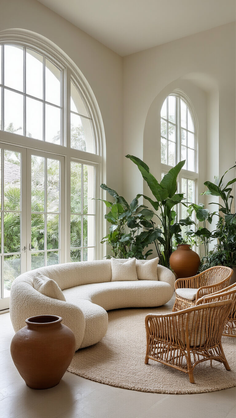 Modern living room with arched 12ft windows, cream bouclé sofa, rattan chairs, ceramic vessels, and tropical plants.