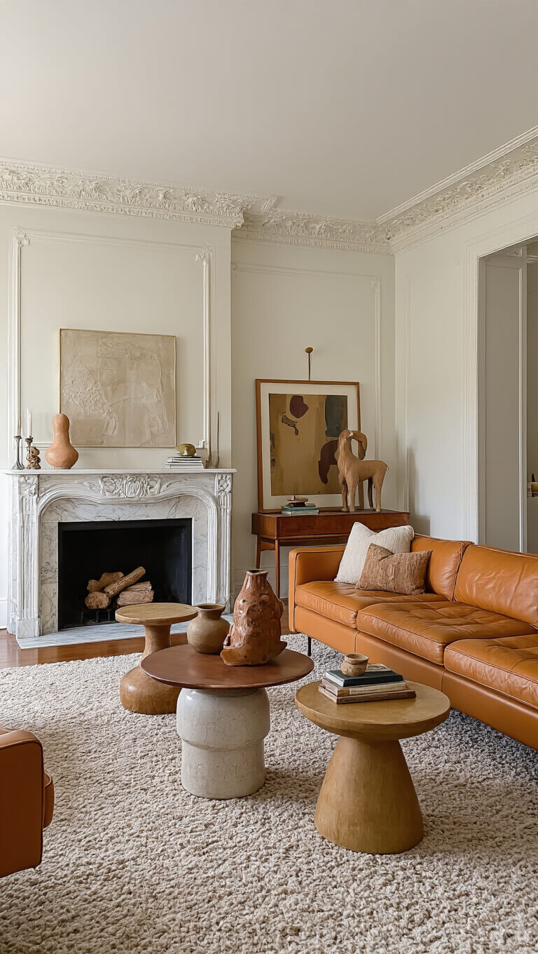 Eclectic living room with marble fireplace, original moldings, camel leather MCM sofa, vintage side tables, ceramic sculptures, and warm accent lighting in soft evening light.