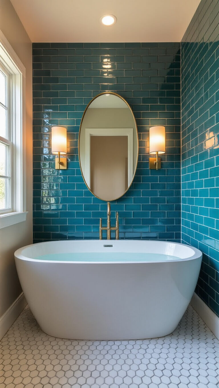 Golden hour light illuminates a cozy 6x8ft bathroom with vertical blue-green stacked tiles behind a freestanding oval tub, white hexagon floor tiles, and warm LED sconces beside an oval mirror.