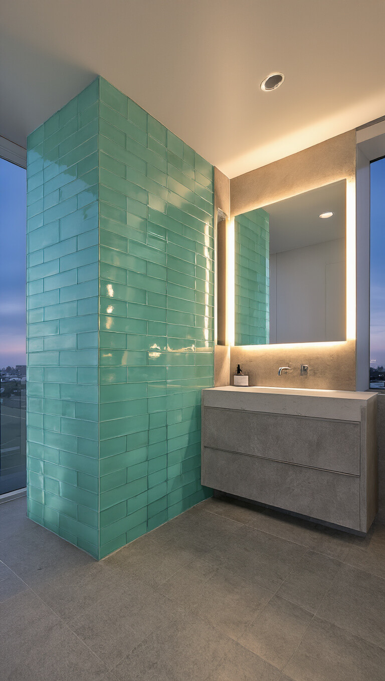 Modern 5x8ft bathroom at dusk with sea foam green vertical glass tile shower wall, warm gray concrete-look tiles, and backlit mirror, viewed from low angle.