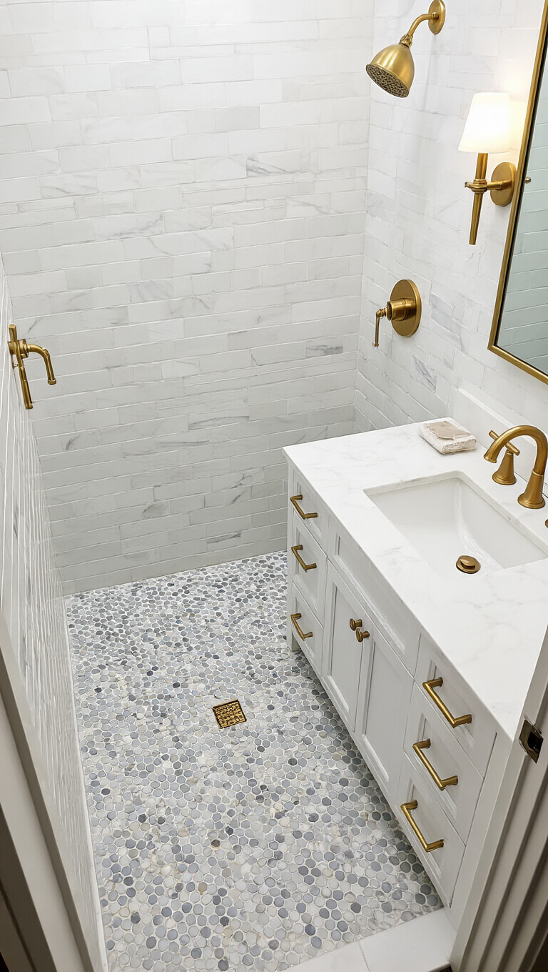 Top-down view of a spa-inspired 6x7ft bathroom with mosaic marble penny tile shower floor, large white porcelain wall tiles, and warm brass fixtures.
