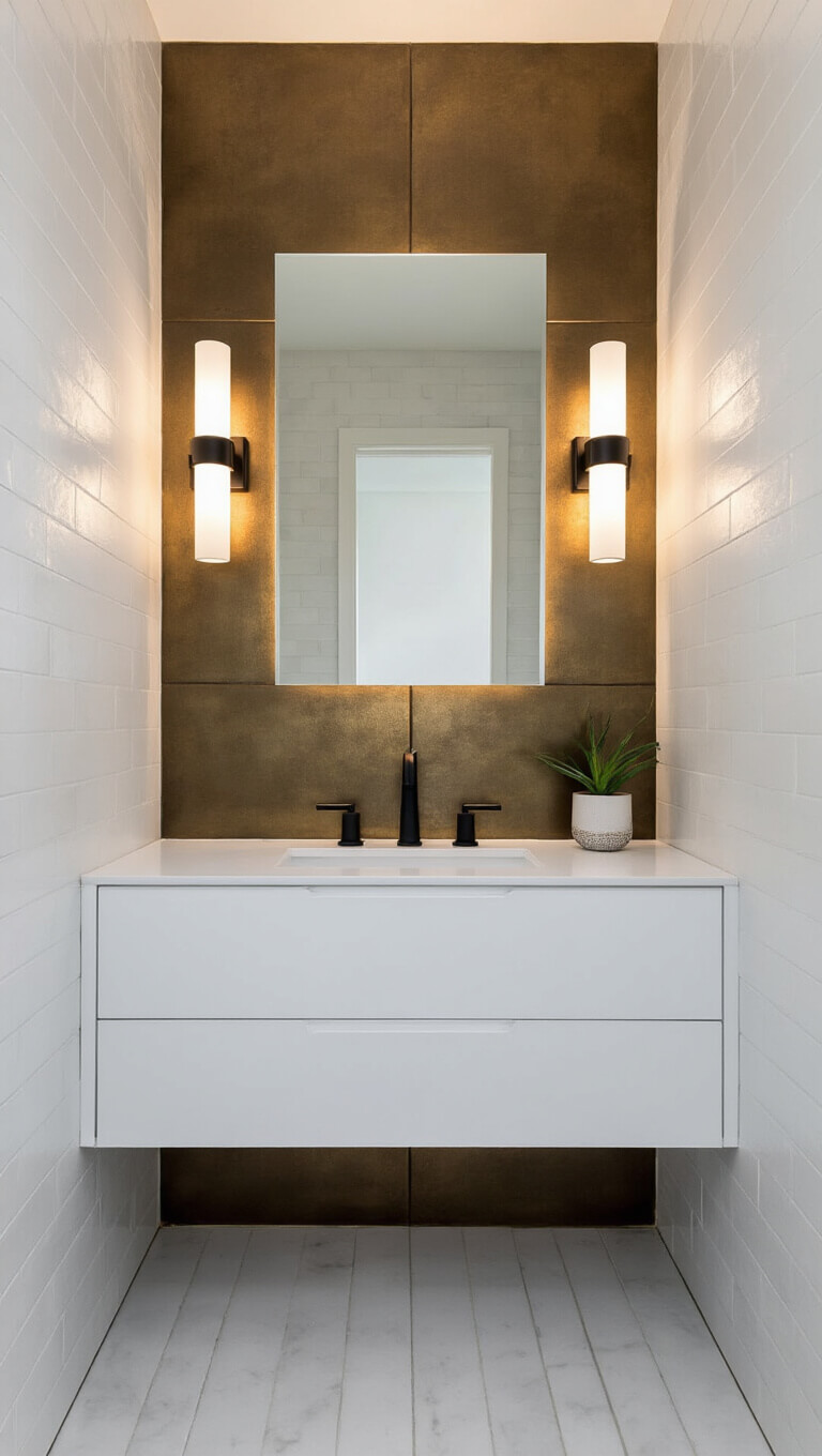 Contemporary 5x6ft powder room with bronze metallic accent wall, floating vanity, matte black fixtures, and dramatic side lighting.