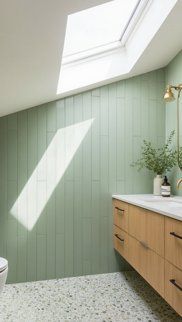 Bright bathroom with sage green vertical subway tiles, terrazzo-look flooring, white oak floating vanity, and natural light from skylight.