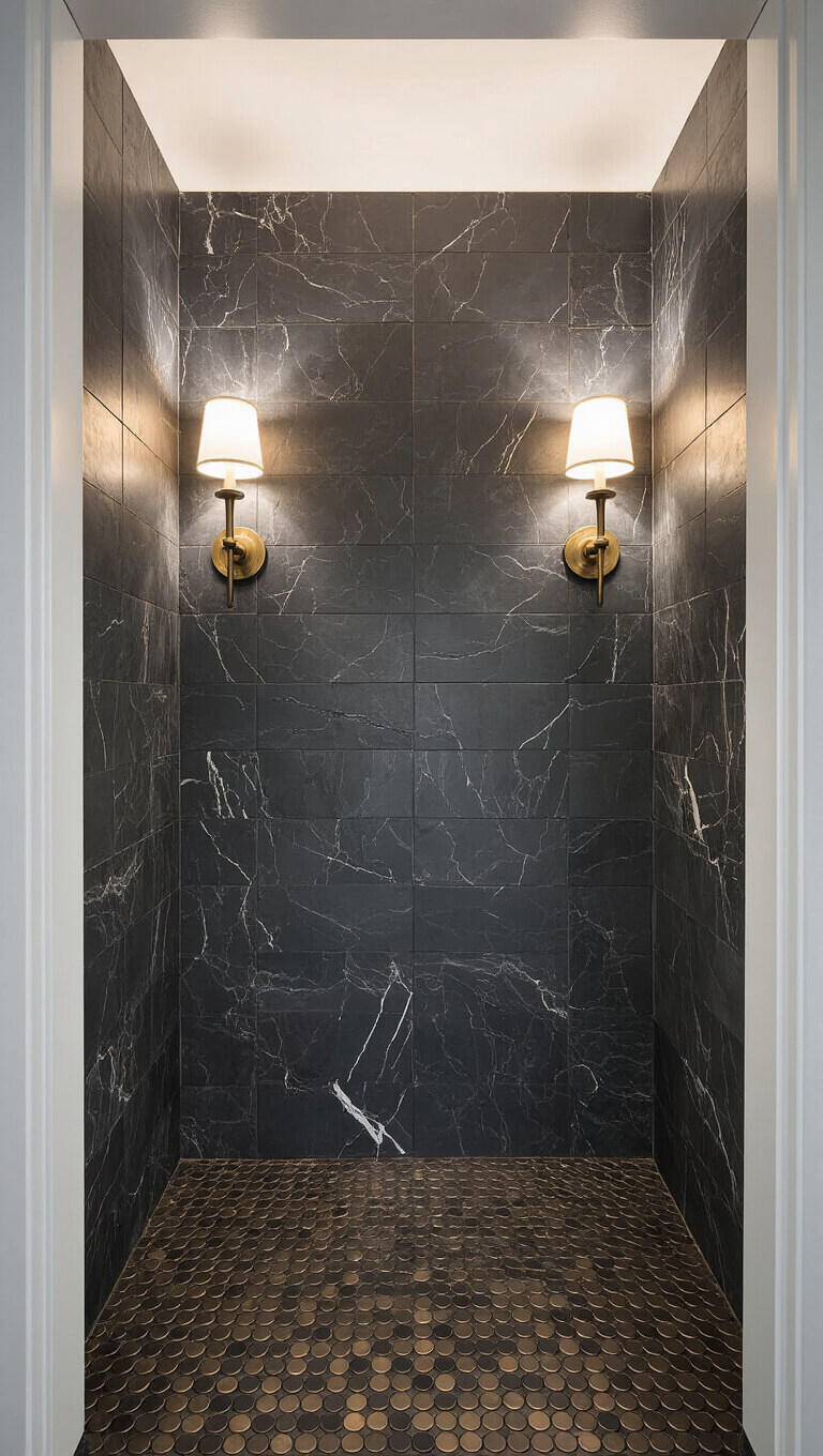 Moody 6x6ft powder room with charcoal marble-look wall tiles, matte black penny tile floor, antiqued brass fixtures, and warm sconce lighting highlighting textures.