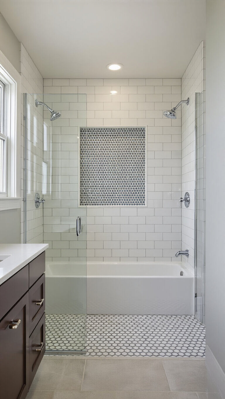 Bright 5x7ft bathroom with white porcelain walls, gray and white hexagon tile insets, chrome fixtures, and morning light reflecting at entrance view.
