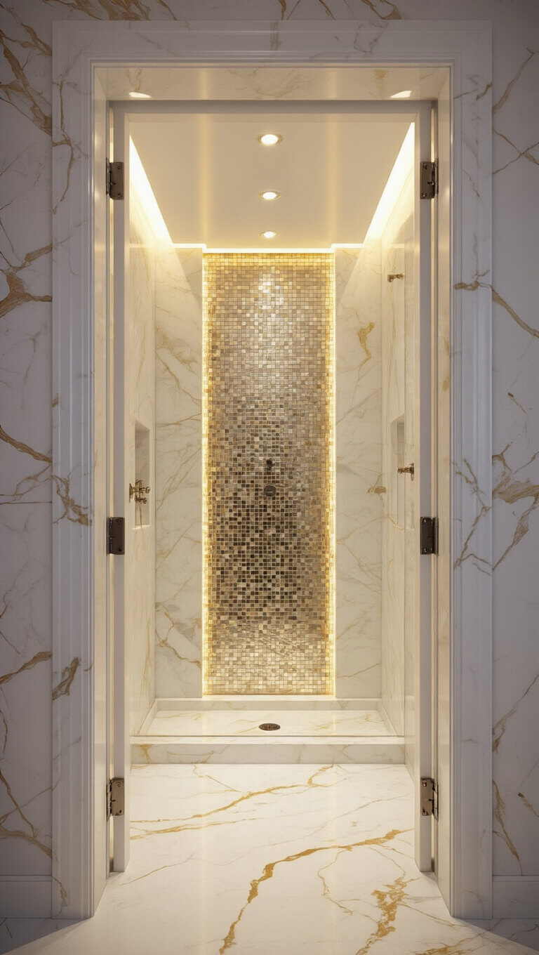 Luxurious 6x8ft bathroom with warm white marble-look tiles, gold veining, mosaic shower feature wall, and soft LED lighting at twilight.