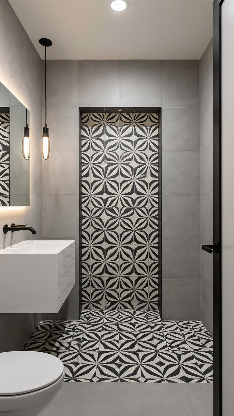 Modern 5x6ft powder room with light gray concrete-look tiles, black and white geometric accent wall, matte black minimalist fixtures, and accent lighting enhancing spatial flow.