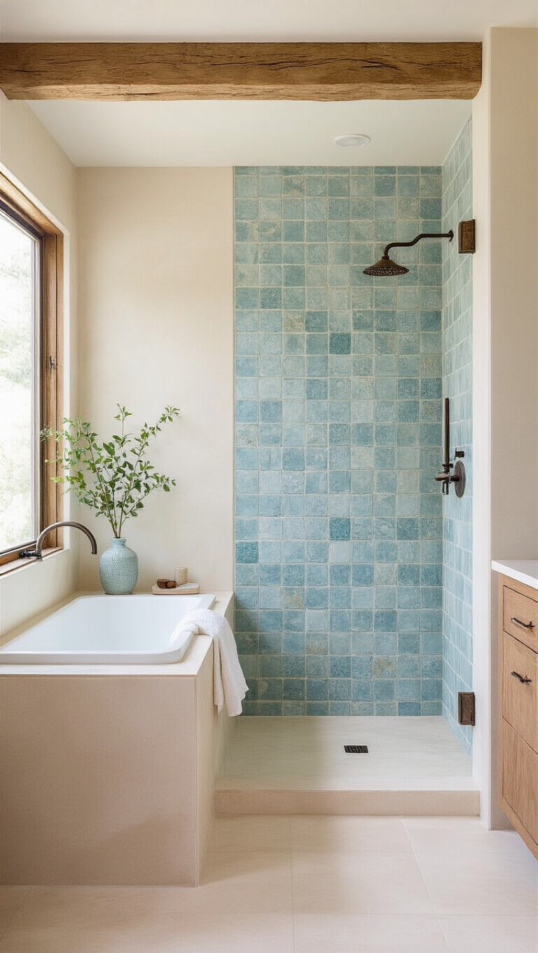 Serene 7x7ft bathroom with natural light, soft cream porcelain tiles, pale blue zellige shower feature, and warm wooden accents.