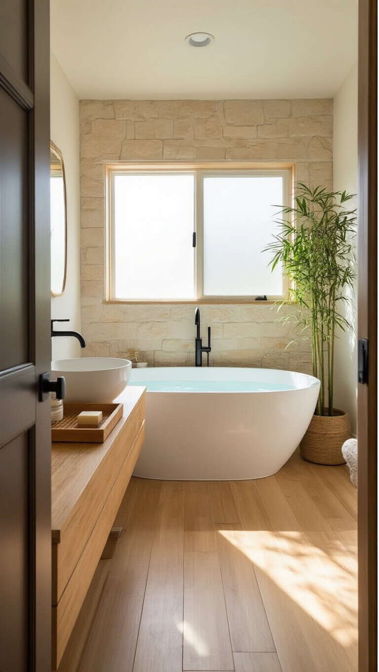 Modern 10x12 bathroom with freestanding tub, bamboo flooring, floating wooden vanity, and natural light through frosted window.
