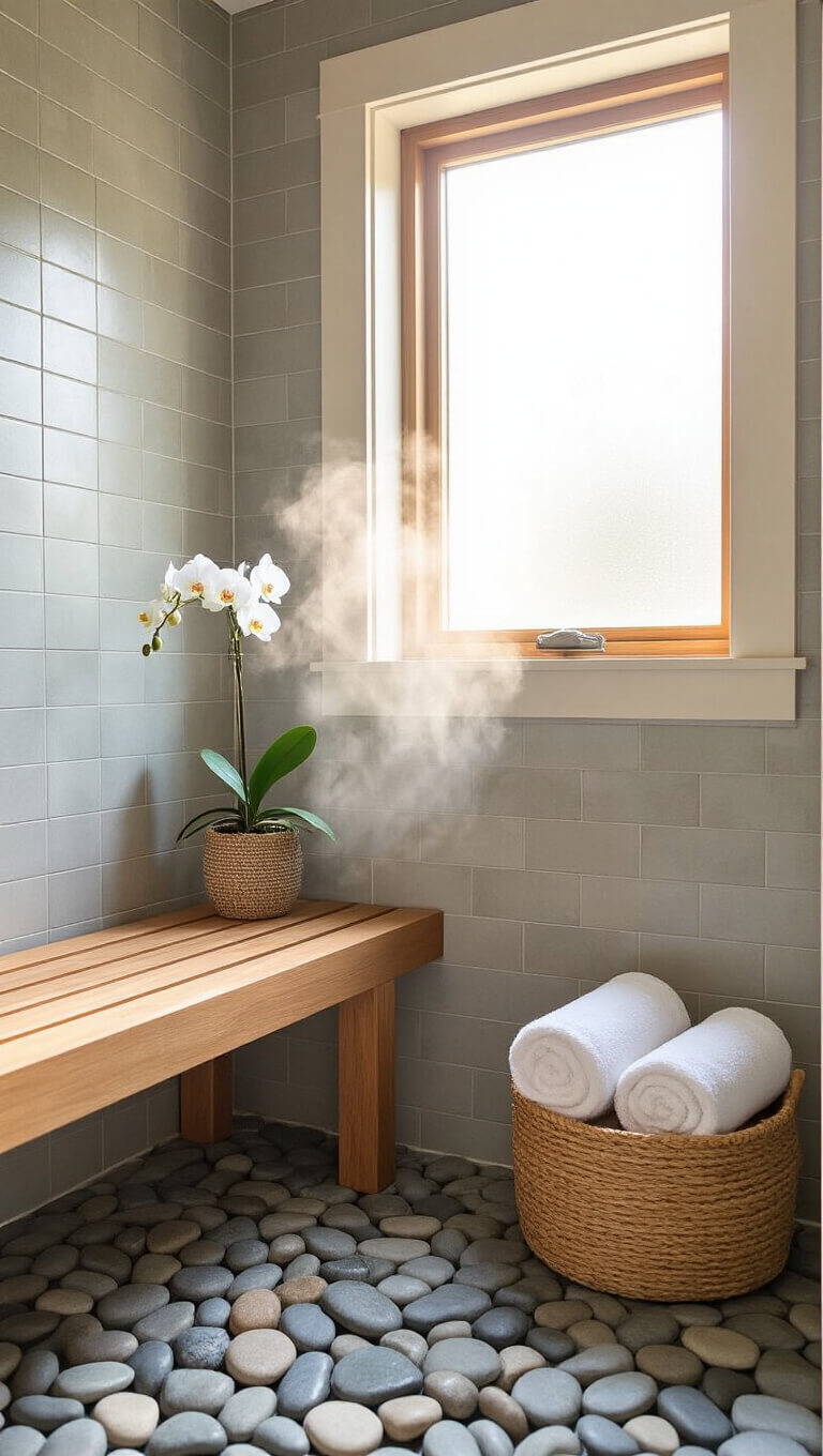 Zen bathroom corner with teak bench, steam rising in golden hour light, orchid, Turkish towels in basket, and river rock shower floor.