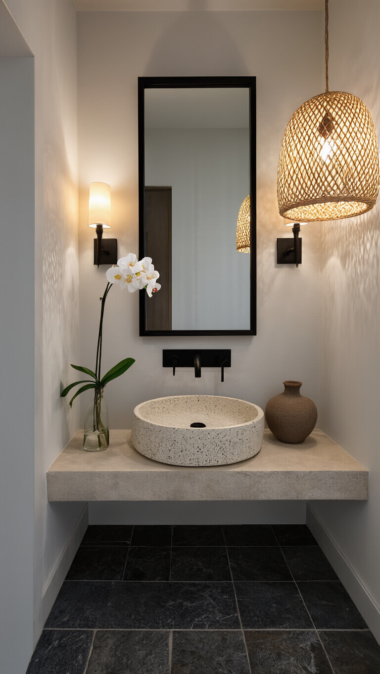 Vertical view of cozy 6x8ft powder room at dusk with floating stone shelf, ceramic vessel sink, and black-framed mirror reflecting warm sconce light.