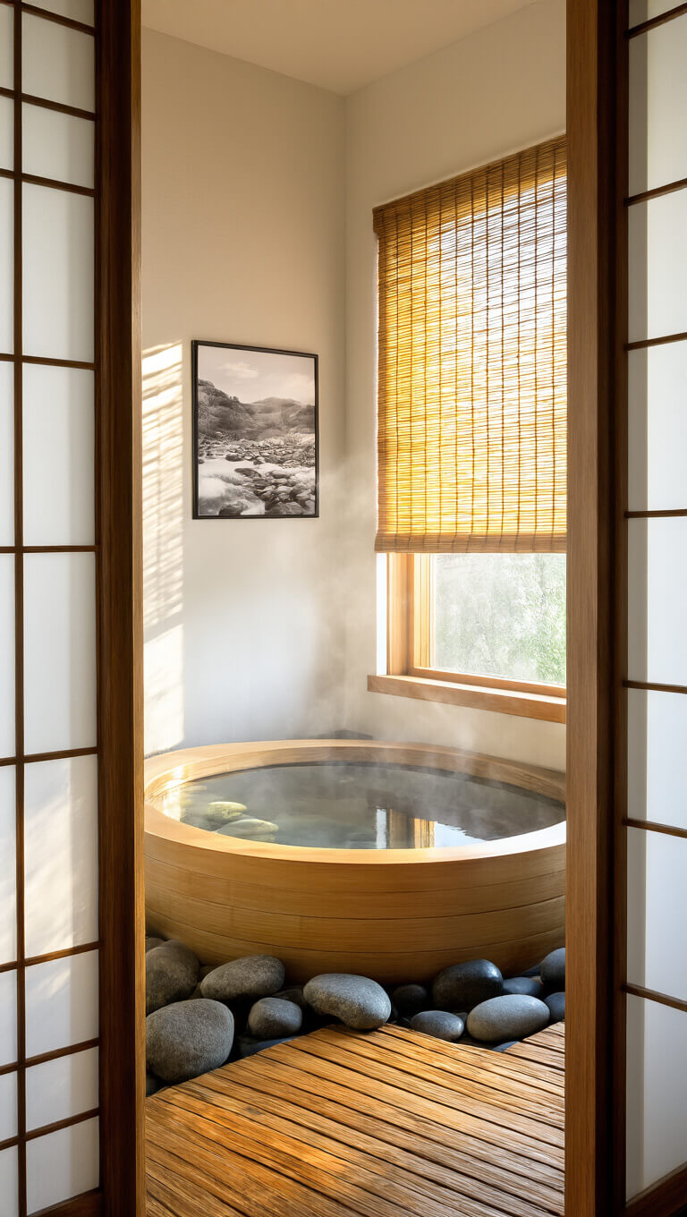 Zen-style bathroom with wooden ofuro tub, steam rising in sunrise light, smooth river rocks, teak mat, and bamboo shade.