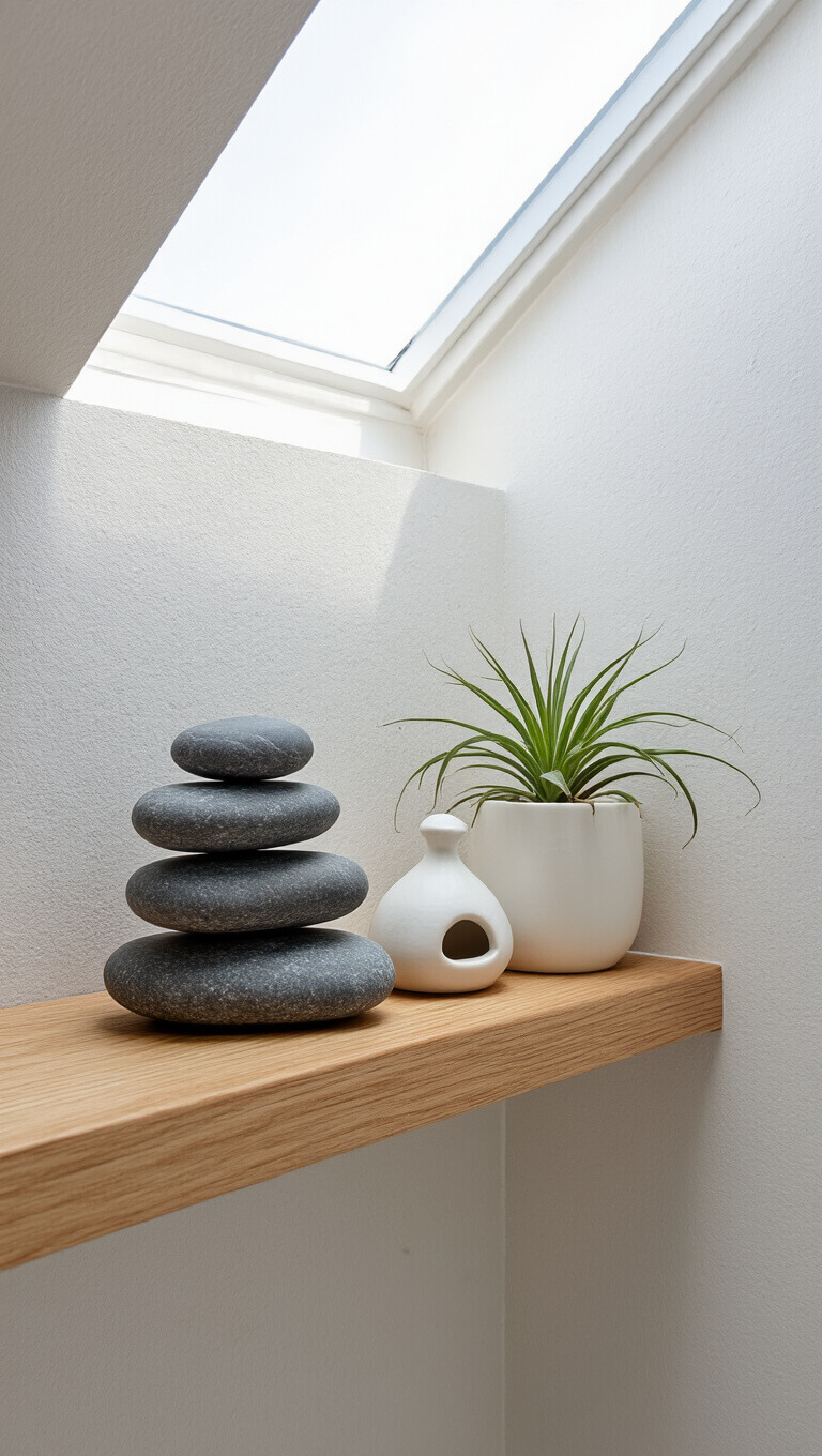 Minimalist bathroom corner with floating wood shelf holding dark gray stones, white incense holder, and air plant against textured white wall in soft skylight.