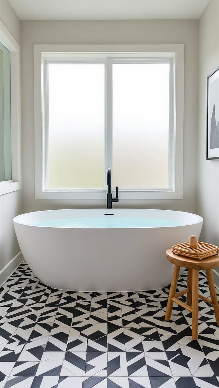 Contemporary master bath with freestanding oval tub, geometric black and white tiles, matte black faucet, and floor-to-ceiling window with privacy film.
